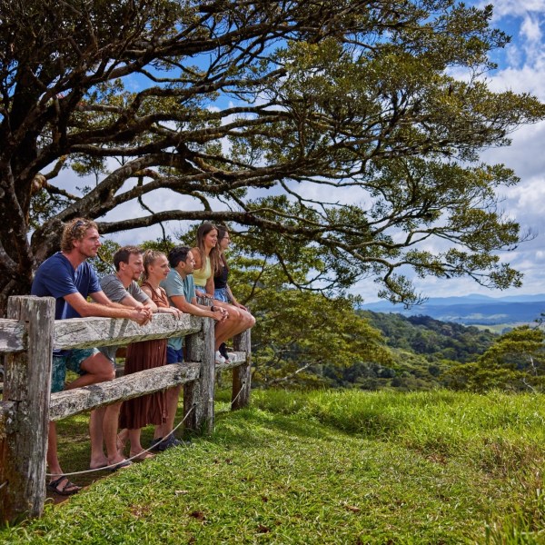 Group of people sitting on a wooden wall at Milla Milla Lookout